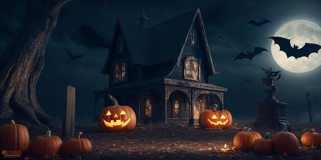 fundo de Halloween com castelo lua cheia abóbora e morcegos ilustração