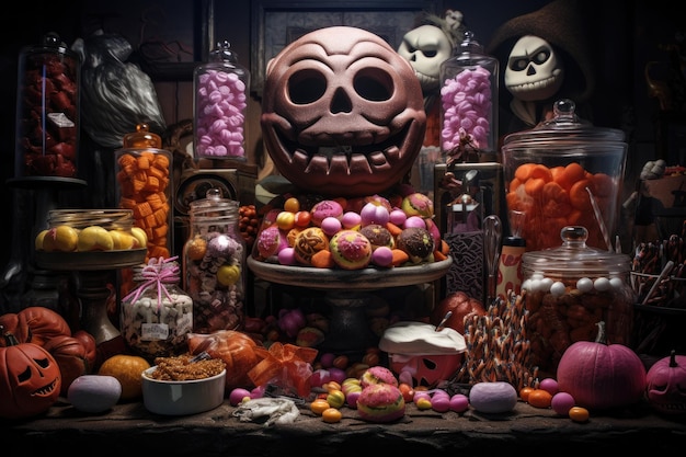 Foto fundo de halloween com doces de abóboras e doces na mesa de madeira