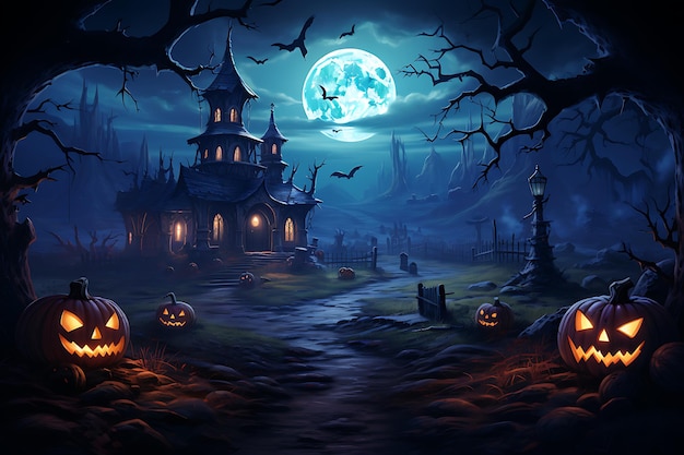 Fundo de Halloween com floresta assustadora de castelo assombrado e abóboras