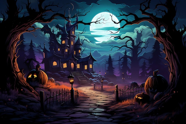 Fundo de Halloween com floresta assustadora de castelo assombrado e abóboras