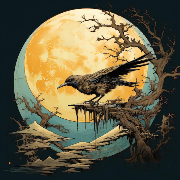 Fundo de Halloween com ilustração de corvo e lua cheia para seu projeto