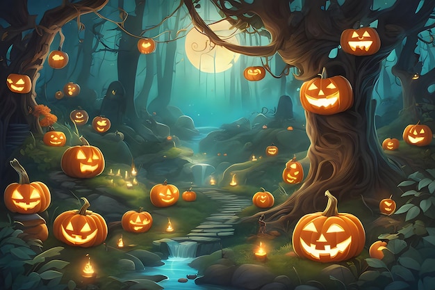 Fundo de Halloween com ilustração generativa de IA de lanternas de abóbora