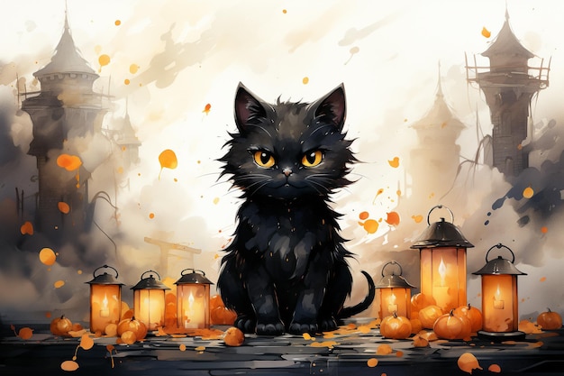 fundo de Halloween com lanternas de abóboras de gato preto e ilustração de aquarela do castelo