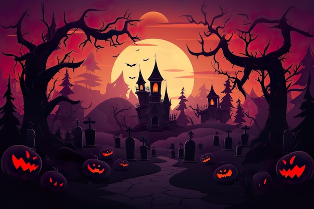 fundo de halloween com lápides de cemitério antigo árvores sem folhas assustadoras lua cheia noite de halloween