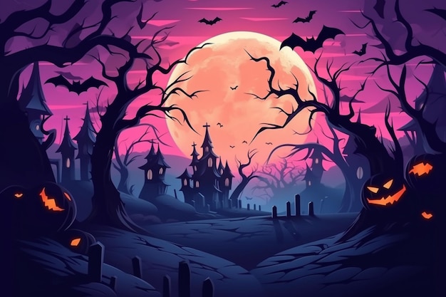 Fundo de Halloween com lua cheia e árvores assustadoras generativas ai