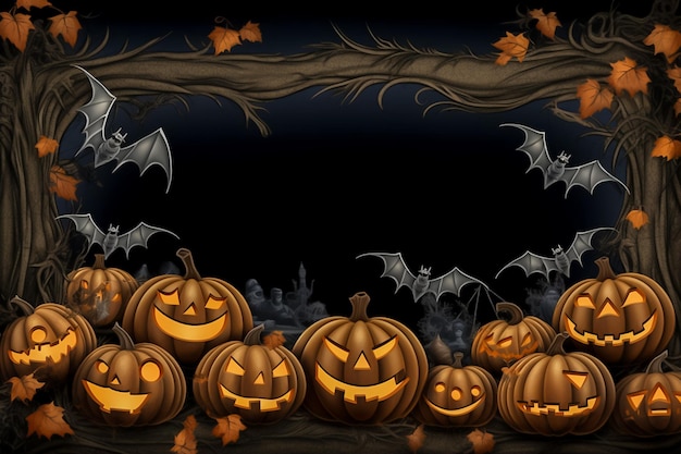 Fundo de Halloween com morcegos, abóbora e velas no espaço de cópia wodden gerado por Ai