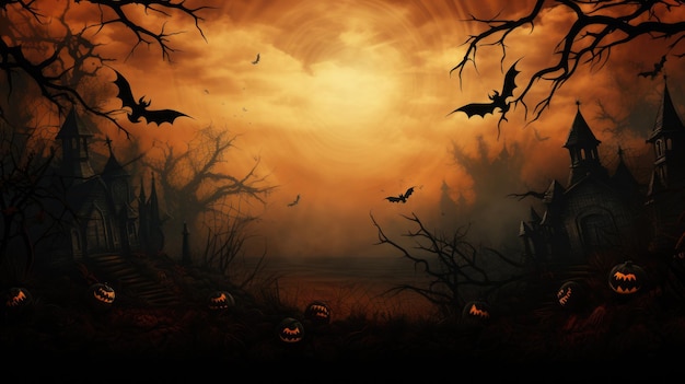 Fundo de Halloween com morcegos abóboras e casa assombrada à noite