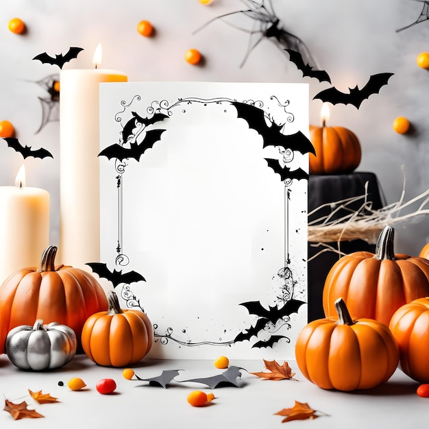 Fundo de Halloween com morcegos de abóboras e velas