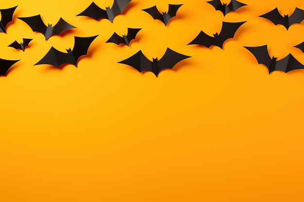 Fundo de Halloween com morcegos voadores em fundo amarelo laranja conceito de Halloween copyspace