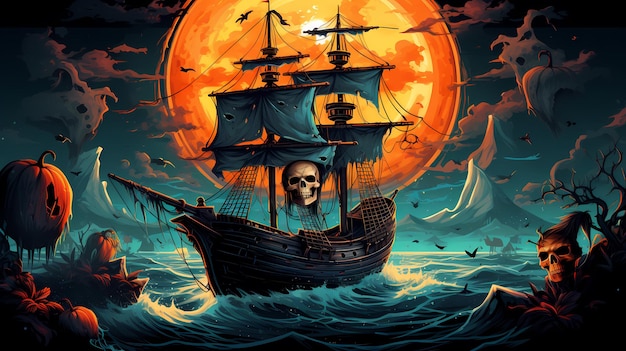 Foto fundo de halloween com navio pirata assombrado em um mar escuro