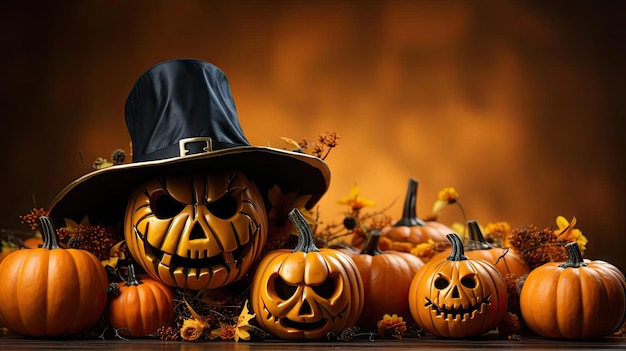 fundo de halloween com o conceito de uma abóbora na forma de um rosto em um fundo assustador