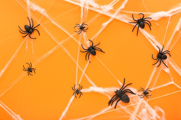 Fundo de halloween com teia de aranha e aranhas como símbolos do halloween no fundo laranja. conceito de feliz dia das bruxas.