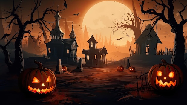 Fundo de Halloween com um cemitério assustador e uma casa assustadora.