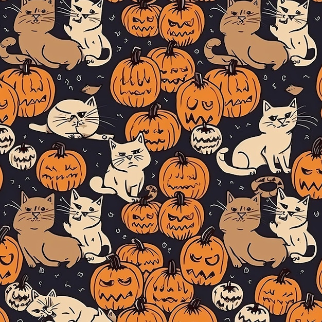 Fundo de Halloween com um padrão de gatinhos e abóboras em um estilo vintage Generative AI