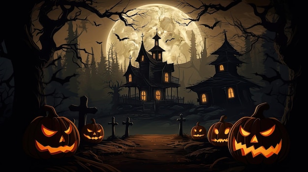 Fundo de Halloween com uma casa assustadora e abóboras