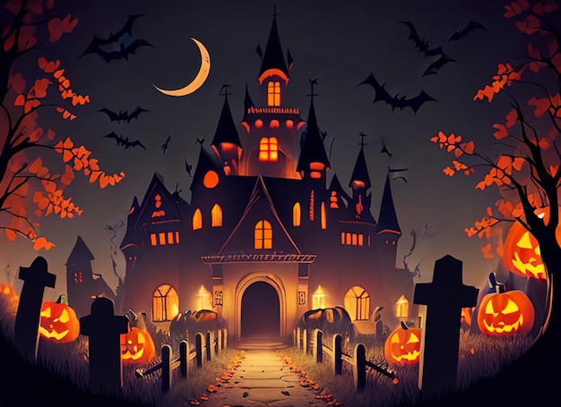 Fundo de Halloween com velas assustadoras de abóboras no cemitério à noite com fundo de castelo