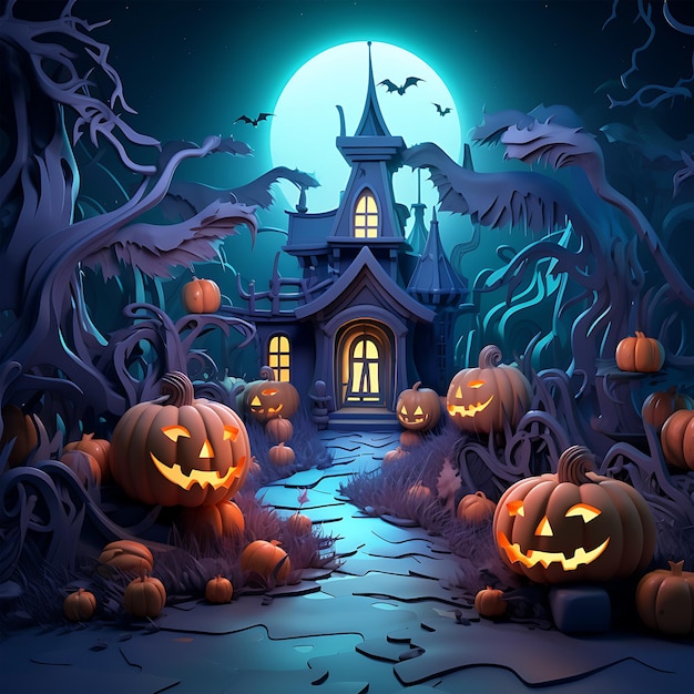 Fundo de Halloween com velas de abóboras assustadoras e morcegos em uma floresta escura à noite