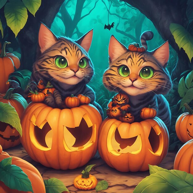 Fundo de Halloween com velas de abóboras de gato em uma floresta assustadora à noite de lua por Artificial Intelli