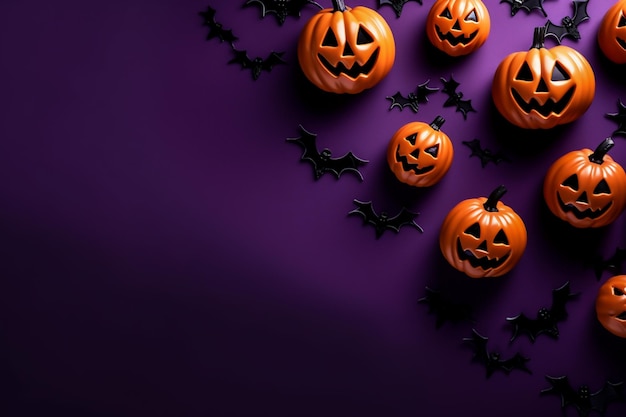 Fundo de Halloween Conceito de abóboras de Halloween no espaço de cópia de banner de fundo roxo para texto