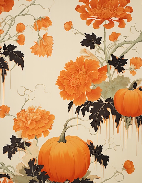 Fundo de Halloween de outono vintage com flores e abóboras