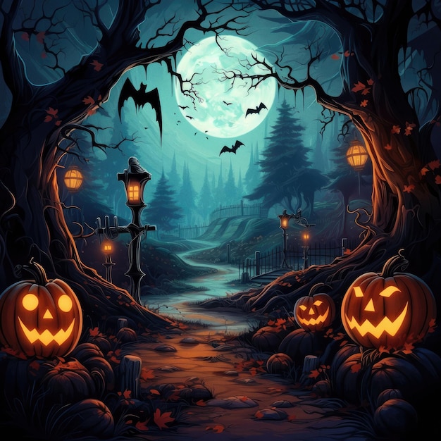 Fundo de Halloween de terror com vale de outono com abóboras florestais e espaço de teia de aranha para texto