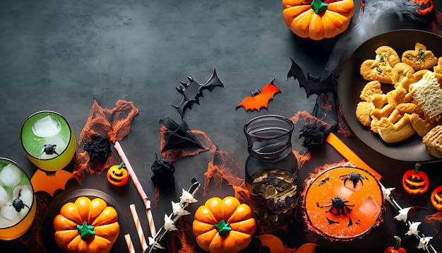 Foto fundo de halloween doces e lanches mesa para halloween jantar festa alimentos doces lanches abóbora um