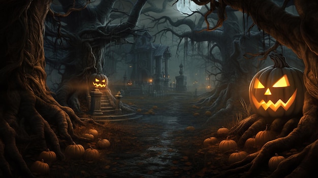 Fundo de Halloween Floresta assustadora com árvores mortas e abóboras brilhantes Jack O Lanterns Pesadelo assustador e assustador Fundo de design de conceito de Halloween