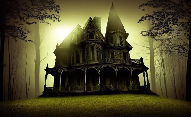 Foto fundo de halloween, ilustração digital de uma casa assombrada vitoriana em uma densa floresta assustadora