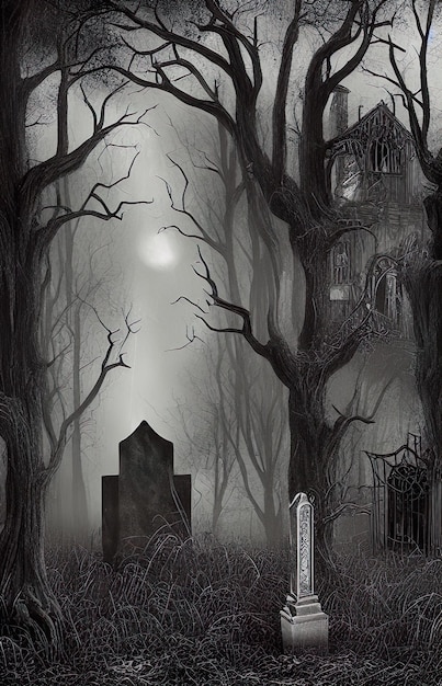 Fundo de Halloween, ilustração digital de uma casa assombrada vitoriana em uma densa floresta assustadora