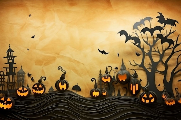 Fundo de Halloween no conceito de arte de papel reciclado com abóboras e chapéu de bruxa renderização 3d