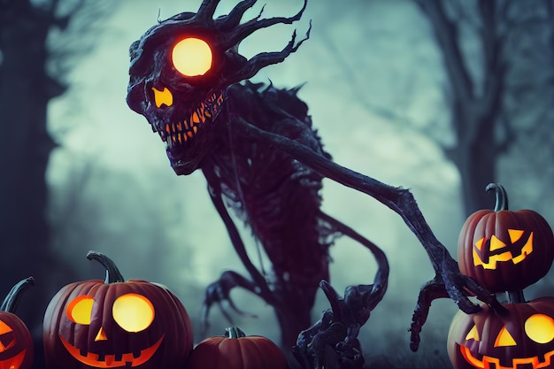 Fundo de Halloween um monstro assustador parece e abóboras no fundo da floresta noturna