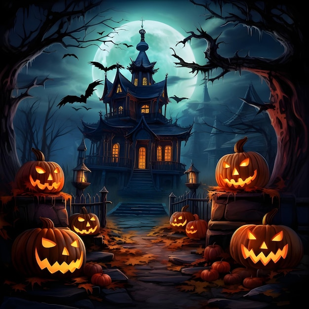 Fundo de horror da cena do Halloween com abóboras assustadoras da assustadora mansão assombrada do Halloween