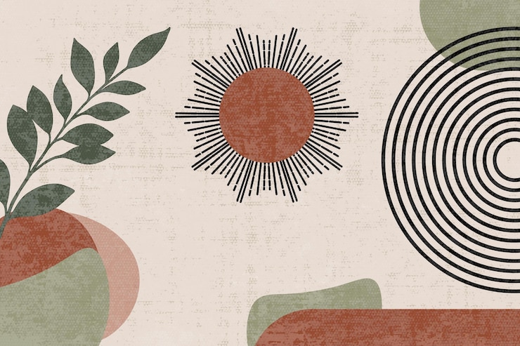 Foto fundo de ilustração 3d com flores e círculos padrão ramos verdes e formas boho interio
