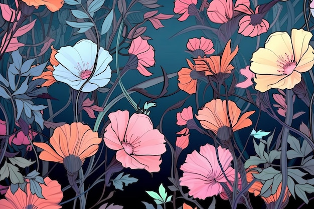 Fundo de ilustração gráfica de flores únicas coloridas vibrantes desenhadas à mão