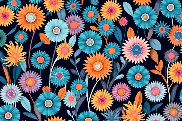 Fundo de ilustração gráfica de flores únicas coloridas vibrantes desenhadas à mão