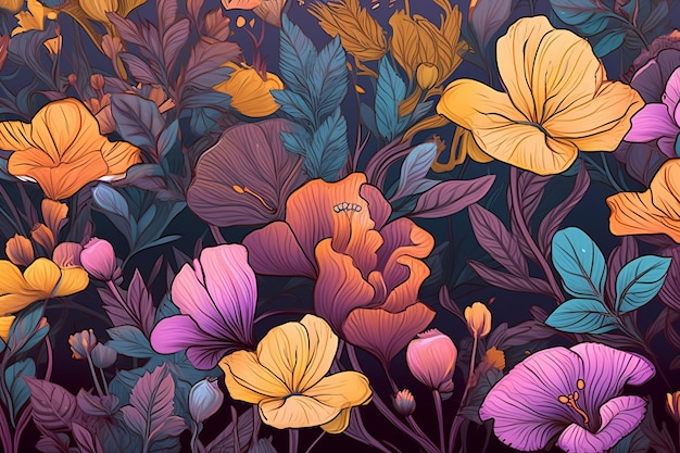 Fundo de ilustração gráfica de flores únicas coloridas vibrantes desenhadas à mão