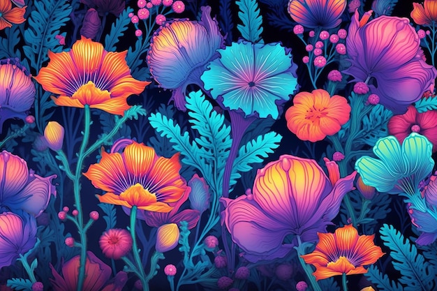 Fundo de ilustração gráfica de flores únicas coloridas vibrantes desenhadas à mão