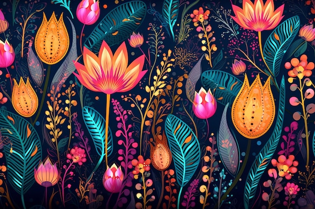 Fundo de ilustração gráfica de flores únicas coloridas vibrantes desenhadas à mão