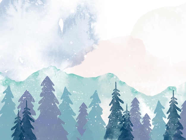 Fundo de inverno aquarela com paisagem de montanha e árvores Paisagem de floresta de inverno