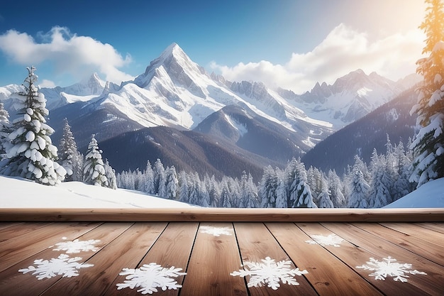 fundo de inverno chão de madeira com neve branca e montanha