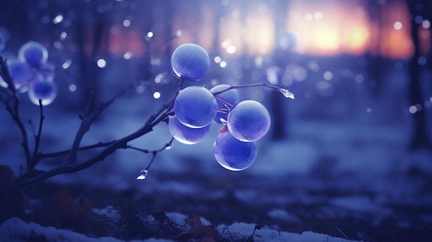 Fundo de inverno com bagas azuis e flocos de neve