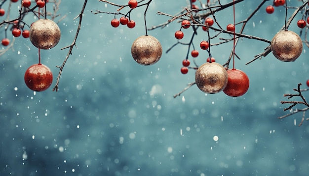Fundo de inverno com bolas vermelhas de natal em galhos de árvores e neve caindo