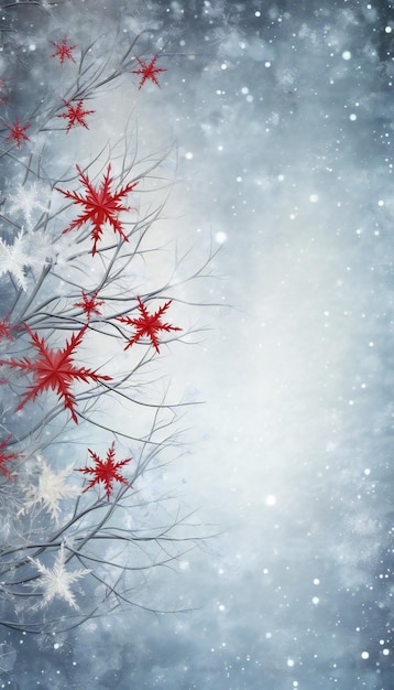 Foto fundo de inverno com flocos de neve e estrelas do mar vermelhas copiar espaço