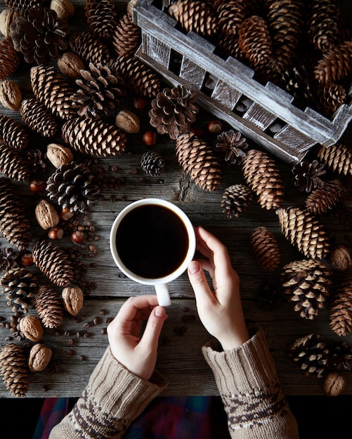 Fundo de inverno com uma coleção de cones Uma caneca de café nas mãos de uma mulher em um suéter no fundo de madeira com coleção de pinho cedro e cones de abeto Composição de bebida instagram plana leiga