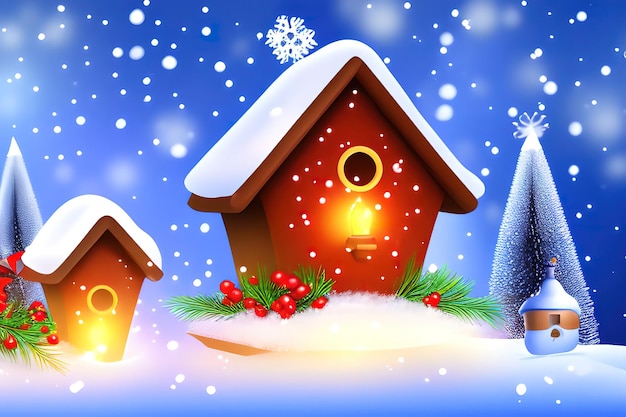 Fundo de inverno de Natal com casa de passarinho e pássaros bicando bagas na neve