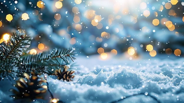 Fundo de inverno de Natal com neve e cartão de saudação bokeh