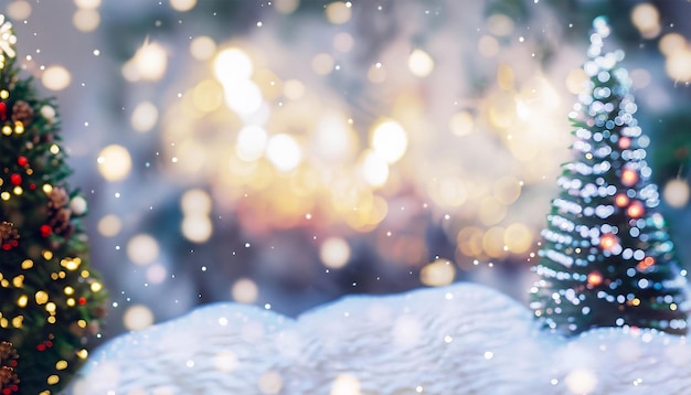 Fundo de inverno de Natal em borracha Árvore de Natal com neve e luzes de guirlandas decoradas