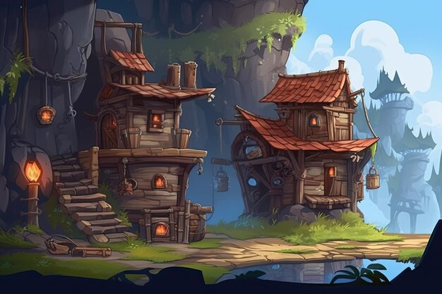 Fundo de jogo móvel 2d do mundo da fantasia casas de jogos 2d ambiente de  rpg fundo de mundo aberto gerado por ai