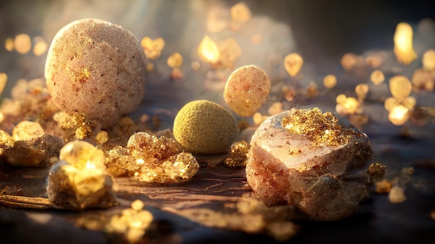 Fundo de luxo com fundo desfocado de poeira dourada efeitos de luz bokeh ilustração 3D Ai render