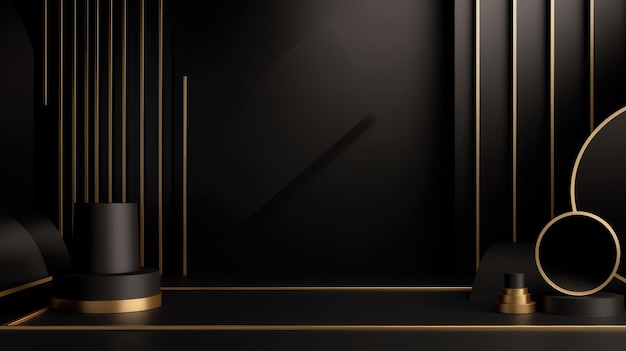 Fundo de luxo preto com formas 3d e elementos de ouro